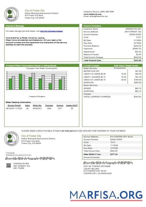 Blank USA California City of Foster City business utility bill template in Word and PDF formats